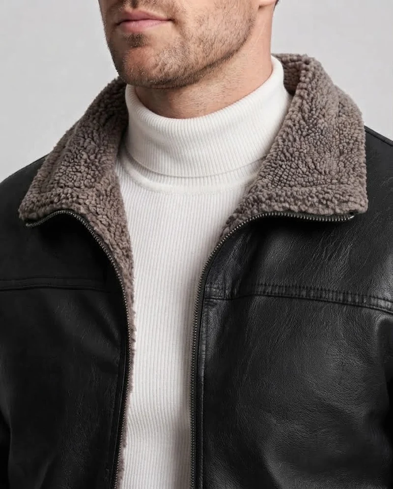 Herrenjacke aus synthetischem Leder mit durchgehendem Teddy-Fleece-Futter und hohem Stehkragen Nord Taschen