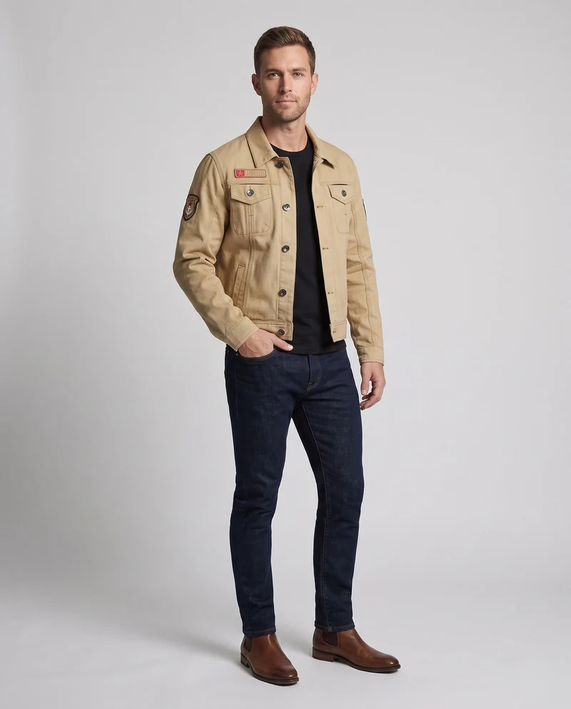 Herren Kurzschnitt Canvas Truckerjacke im Workwear-Look mit Hemdkragen, Klapptaschen und Ärmelpatch Nord Taschen