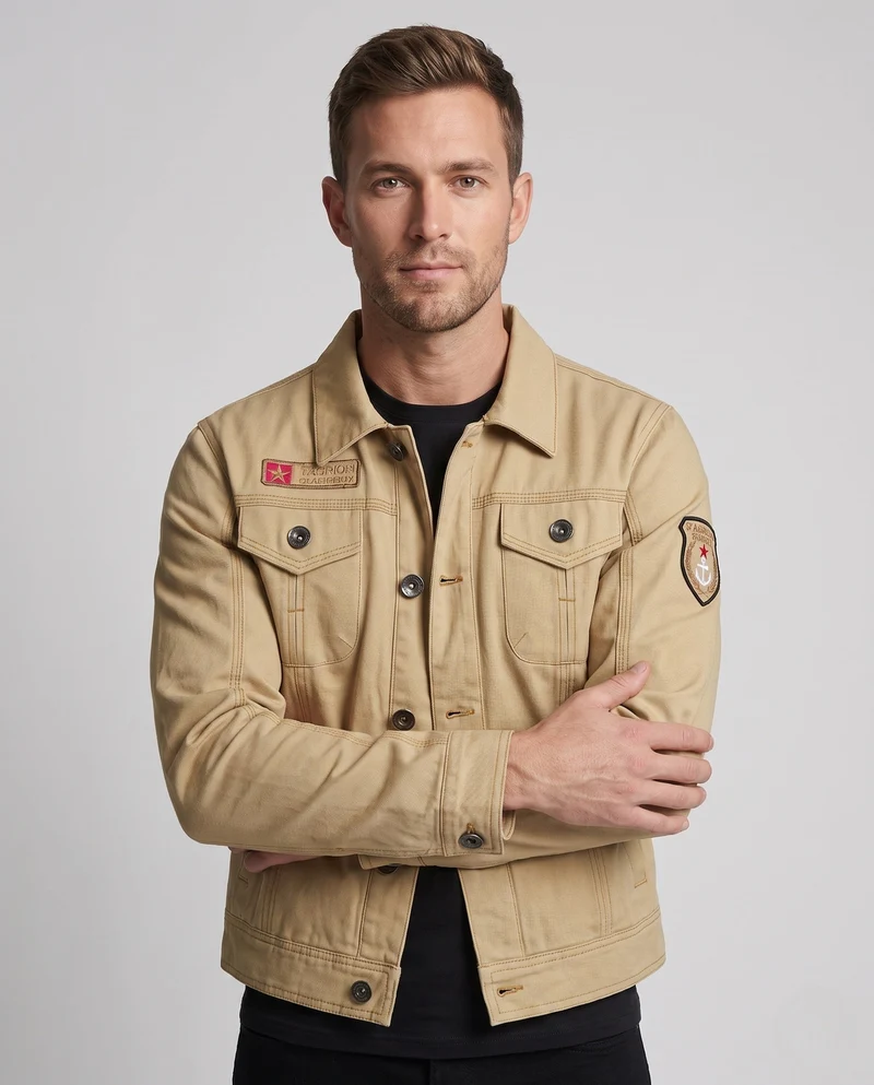 Herren Kurzschnitt Canvas Truckerjacke im Workwear-Look mit Hemdkragen, Klapptaschen und Ärmelpatch Nord Taschen