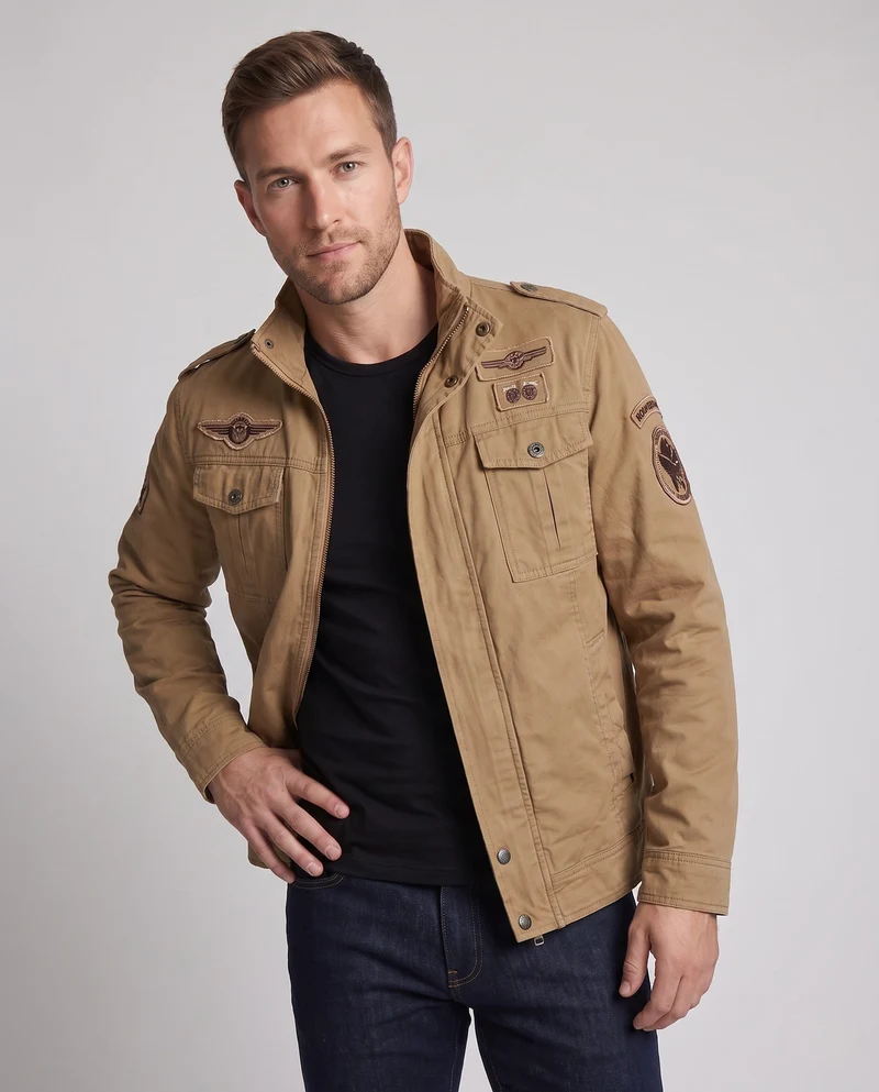 Herren Kurzschnitt Feld-Canvas-Jacke im Militärstil mit Brustklappen Taschen und Stehkragen Nord Taschen