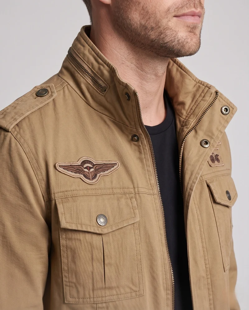 Herren Kurzschnitt Feld-Canvas-Jacke im Militärstil mit Brustklappen Taschen und Stehkragen Nord Taschen