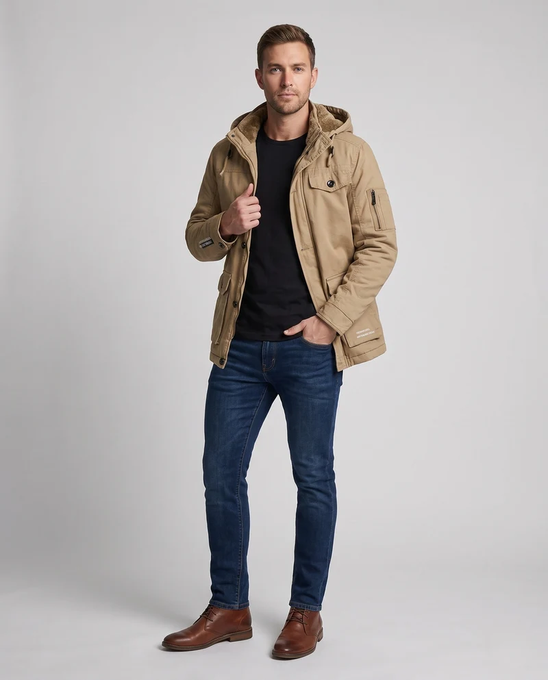 Herren-Canvas-Feldparka mit Teddy-Fleece-Futter, Kapuze und Utility-Taschen Nord Taschen