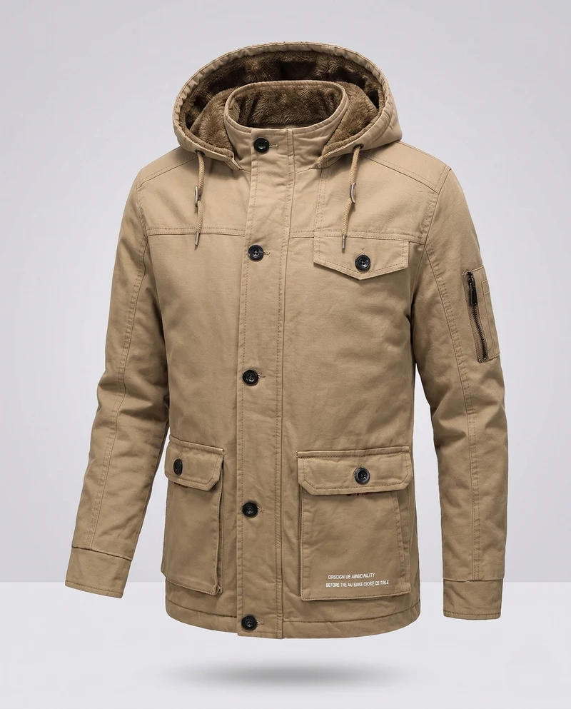 Herren-Canvas-Feldparka mit Teddy-Fleece-Futter, Kapuze und Utility-Taschen Nord Taschen