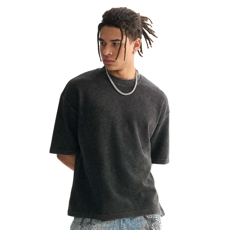 Herren Oversize Waffle-Struktur T-Shirt mit kurzem Arm und geripptem Rundhals Nord Taschen