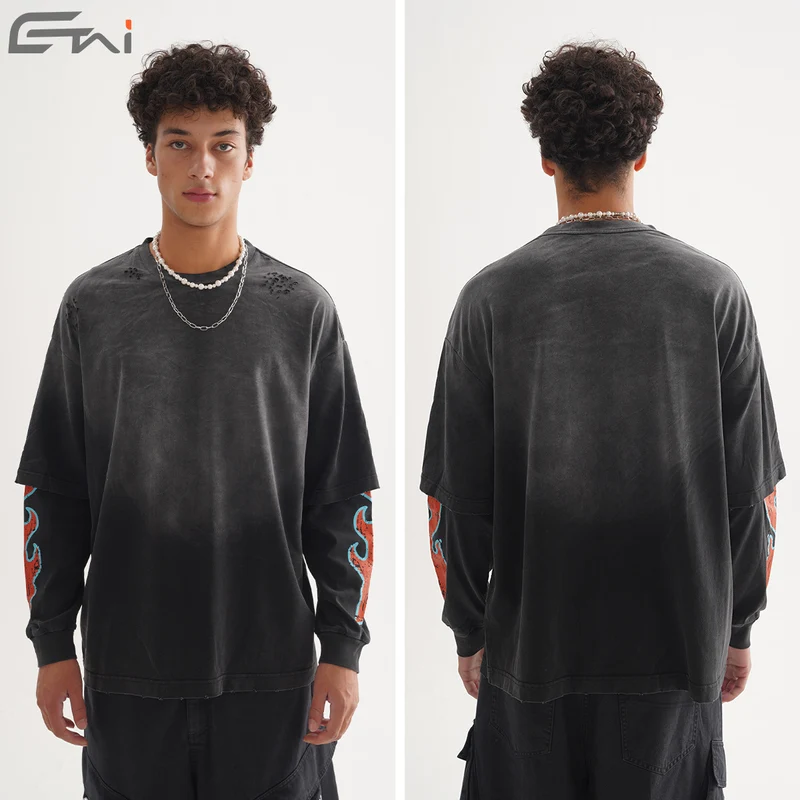 Herren Oversize-Langarmshirt mit doppeltem Lagenlook und Used-Details Nord Taschen
