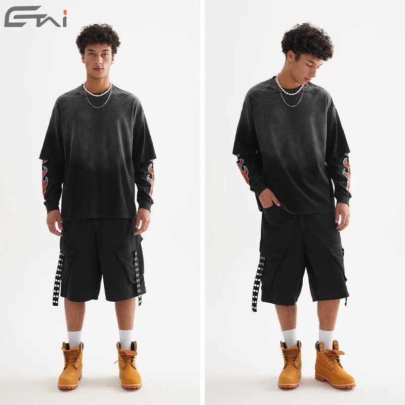 Herren Oversize-Langarmshirt mit doppeltem Lagenlook und Used-Details Nord Taschen