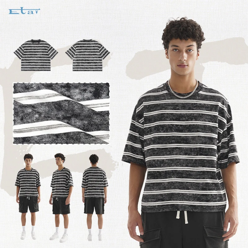 Herren Oversize Kurzarmshirt im verwaschenen Used-Look mit Blockstreifen Nord Taschen