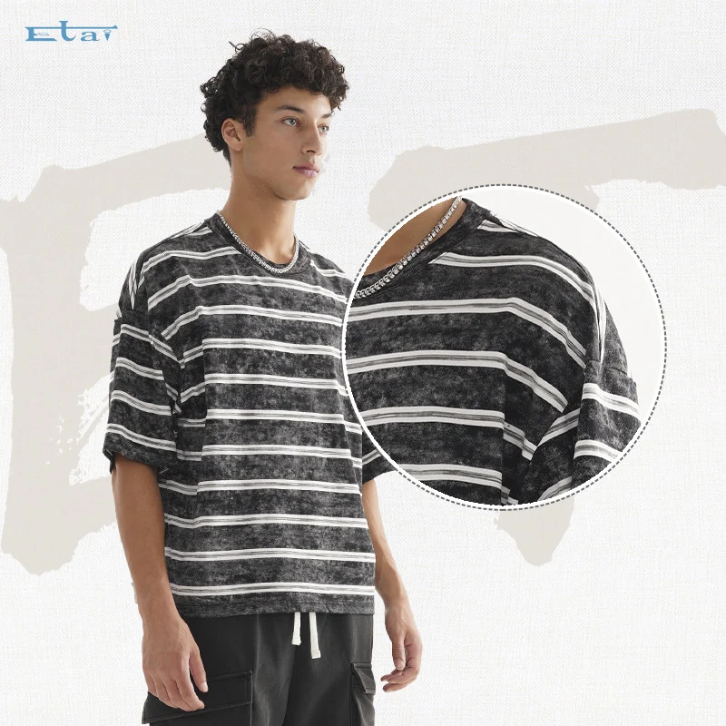 Herren Oversize Kurzarmshirt im verwaschenen Used-Look mit Blockstreifen Nord Taschen
