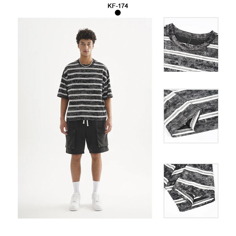 Herren Oversize Kurzarmshirt im verwaschenen Used-Look mit Blockstreifen Nord Taschen