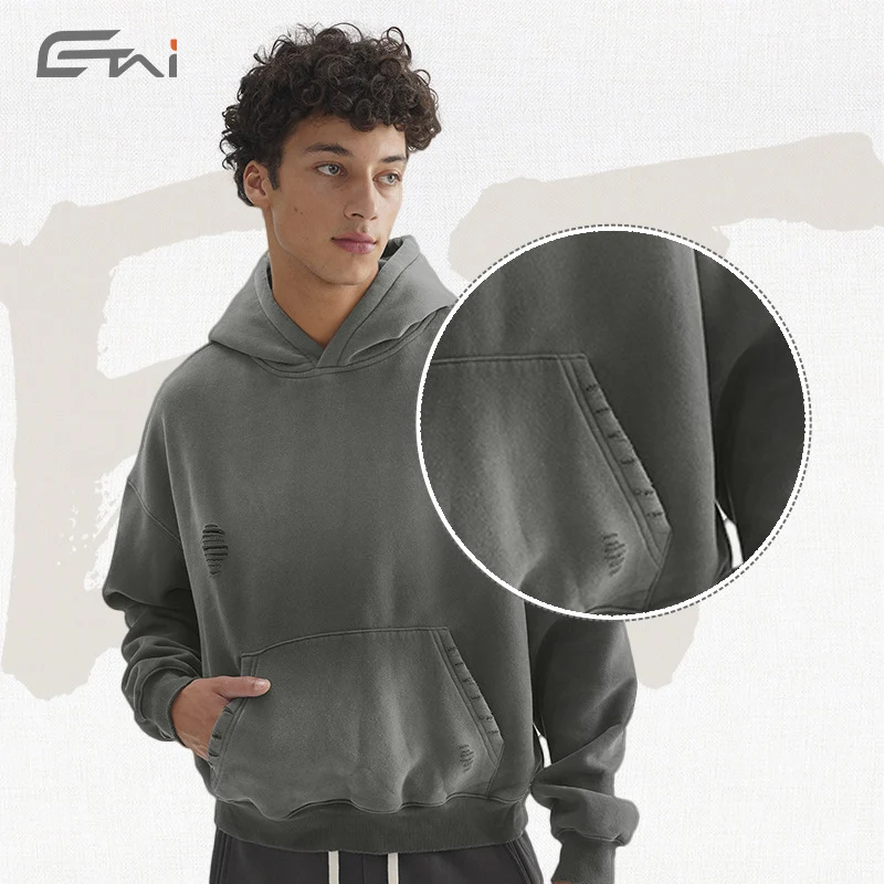 Herren Oversize-Kapuzenpullover mit verwaschenem Used-Effekt und Destroyed-Details Nord Taschen
