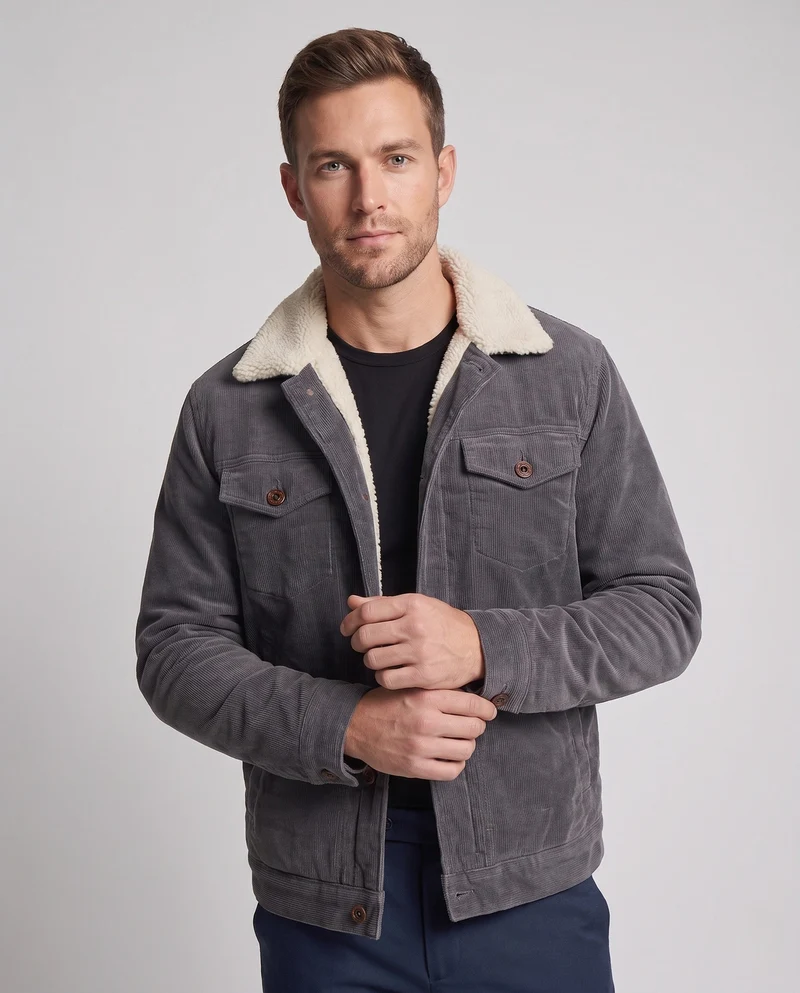 Herren Cordjacke im Trucker-Stil mit ganzflächigem Sherpa-Futter und Teddy-Kragen Nord Taschen