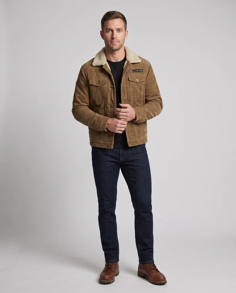 Herren Cordjacke mit Teddyfutter, aufgesetzten Brusttaschen und Vintage-Patch Nord Taschen