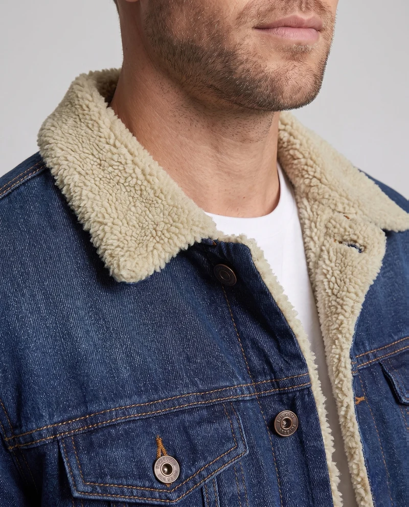 Herren Jeans Truckerjacke mit Teddyfutter, klassischem Hemdkragen und Knopfleiste Nord Taschen