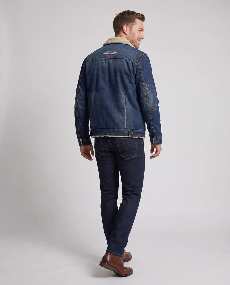 Herren Jeans Truckerjacke mit Teddyfutter, klassischem Hemdkragen und Knopfleiste Nord Taschen