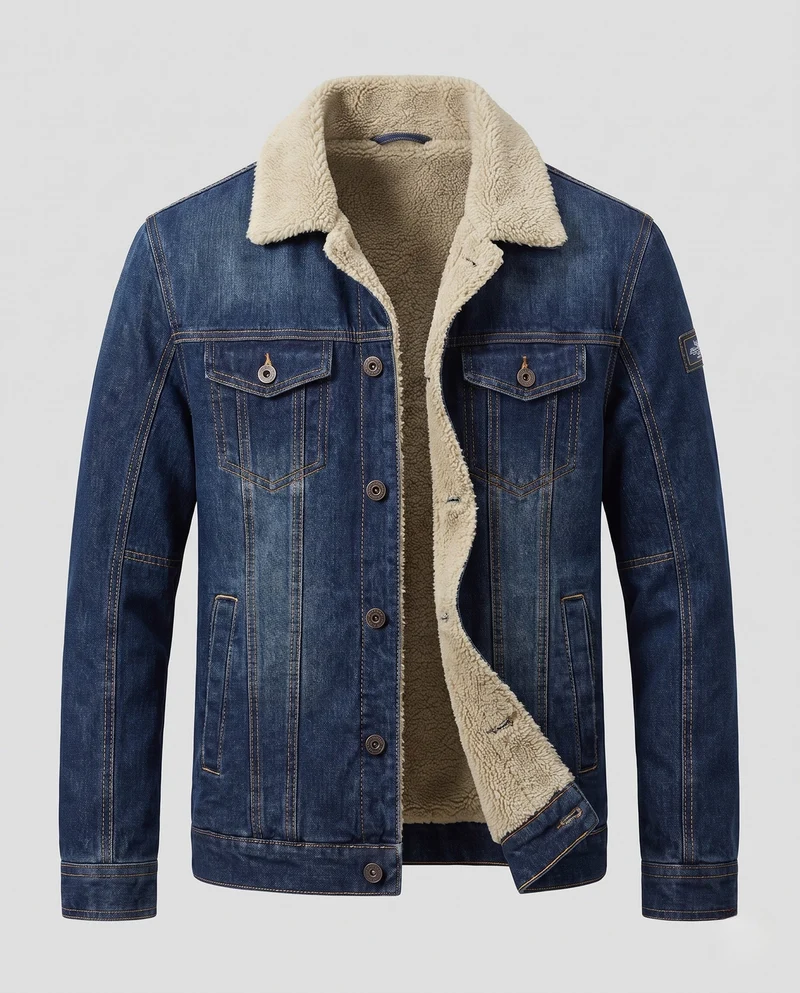 Herren Jeans Truckerjacke mit Teddyfutter, klassischem Hemdkragen und Knopfleiste Nord Taschen