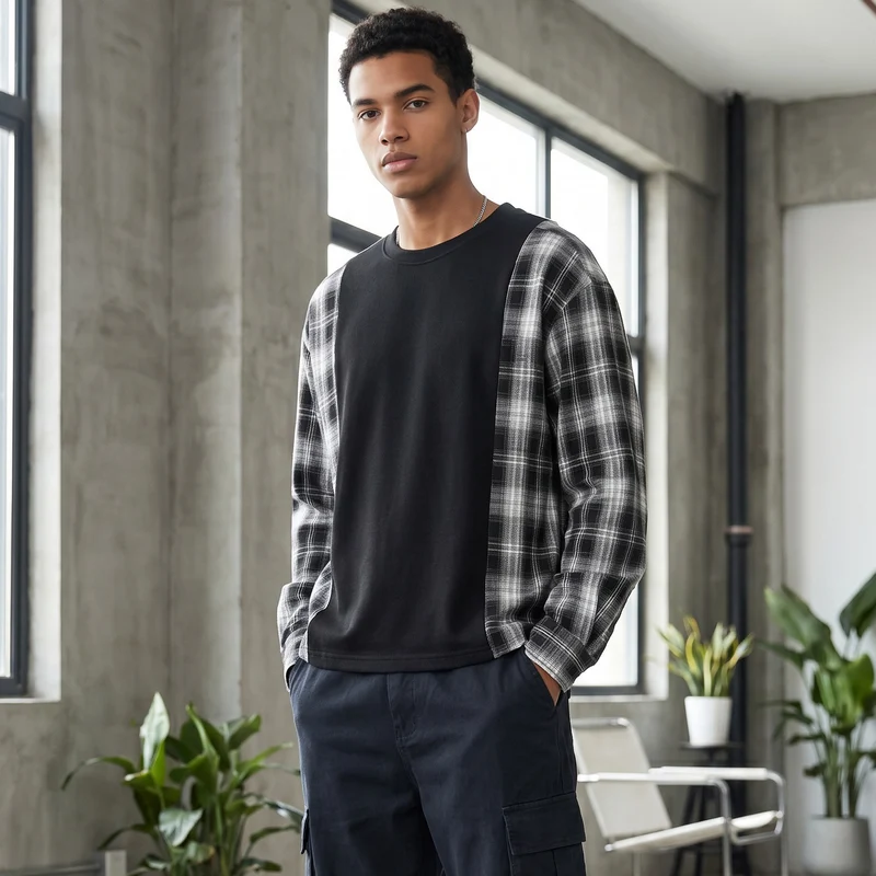 Herren Langarmshirt im Lagenlook mit karierter Flanell-Einsätzen Nord Taschen