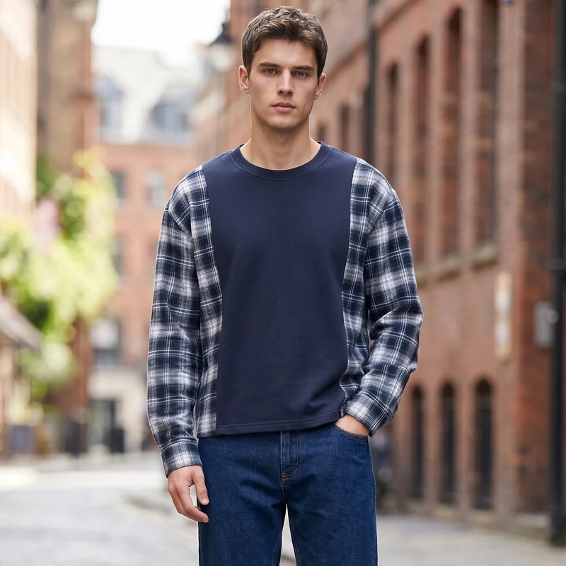 Herren Langarmshirt im Lagenlook mit karierter Flanell-Einsätzen Nord Taschen
