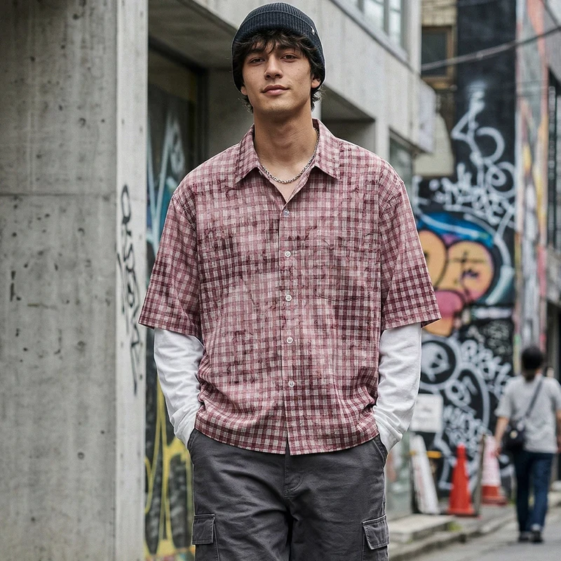 Herren Karierte Overshirt mit integriertem Langarm-Layer Nord Taschen