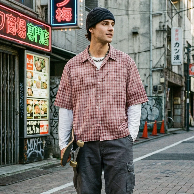 Herren Karierte Overshirt mit integriertem Langarm-Layer Nord Taschen