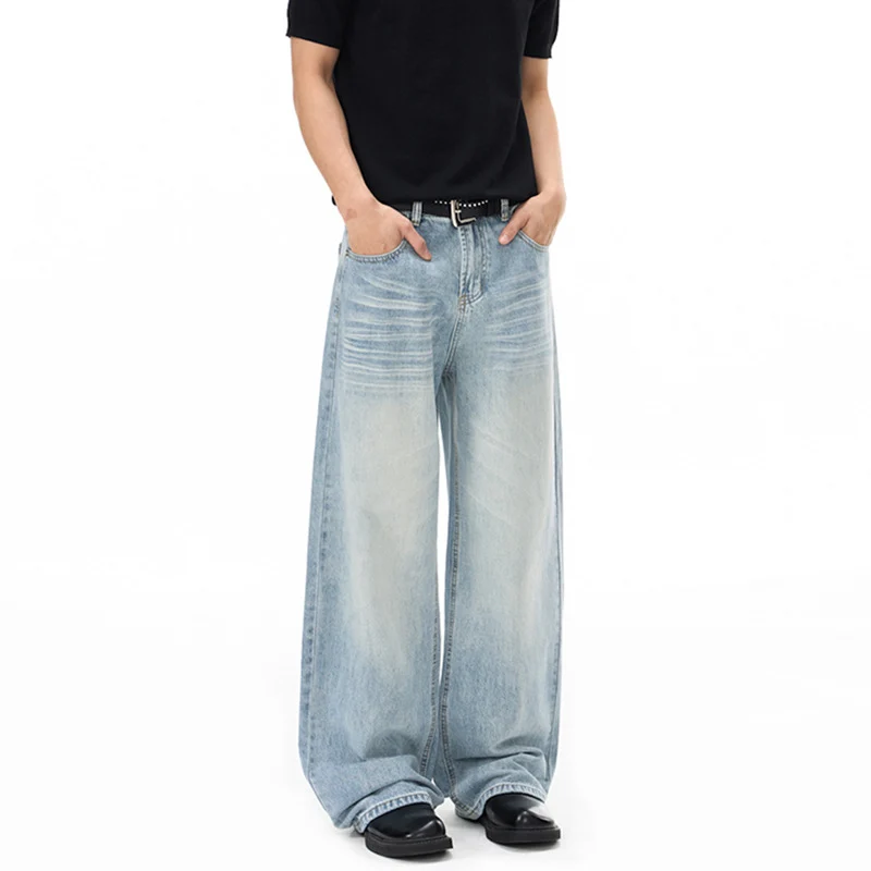 Herren Weitfallende Loose-Palazzo-Denimjeans mit tiefem Schritt und heller Used-Waschung Nord Taschen