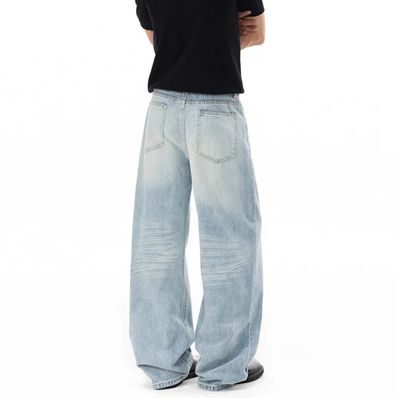 Herren Weitfallende Loose-Palazzo-Denimjeans mit tiefem Schritt und heller Used-Waschung Nord Taschen