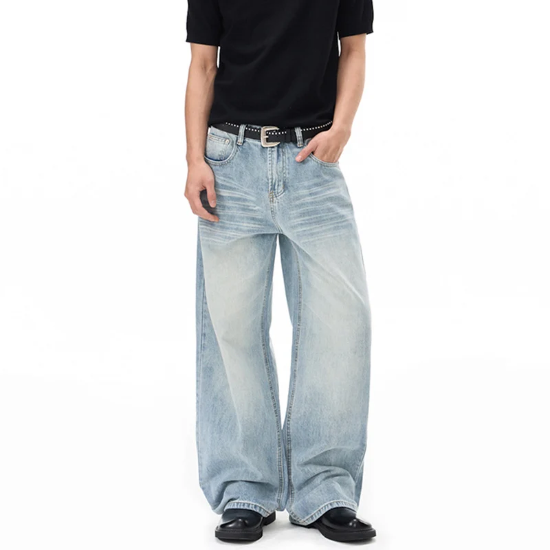 Herren Weitfallende Loose-Palazzo-Denimjeans mit tiefem Schritt und heller Used-Waschung Nord Taschen