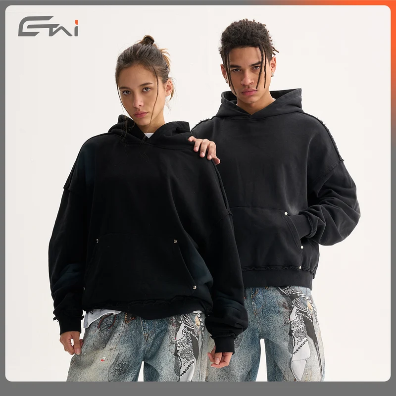 Herren Boxy-Kapuzenpullover mit abgenutztem Saum, Nieten-Kängurutasche und verwaschenem Fleckeneffekt Nord Taschen