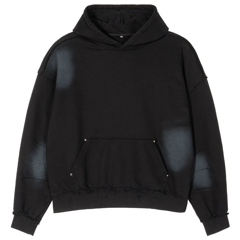 Herren Boxy-Kapuzenpullover mit abgenutztem Saum, Nieten-Kängurutasche und verwaschenem Fleckeneffekt Nord Taschen
