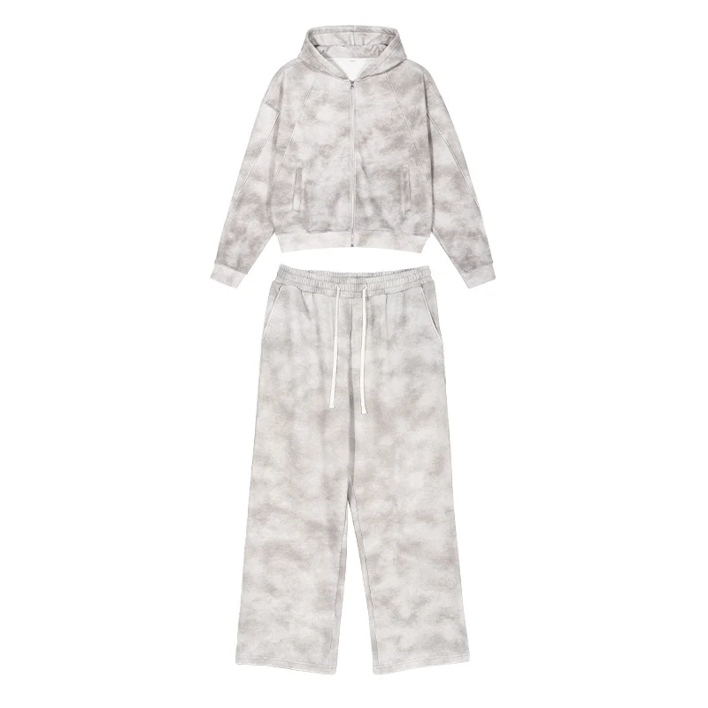 Damen Loungewear-Set aus French-Terry mit Cropped-Reißverschluss-Hoodie und weit geschnittener Sweatpant Nord Taschen