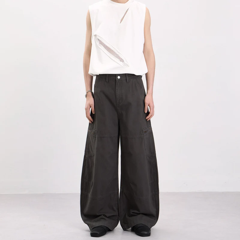 Herren Weite Twill-Palazzo-Cargohose mit tiefem Schritt, Knieabnähern und Utility-Taschen Nord Taschen