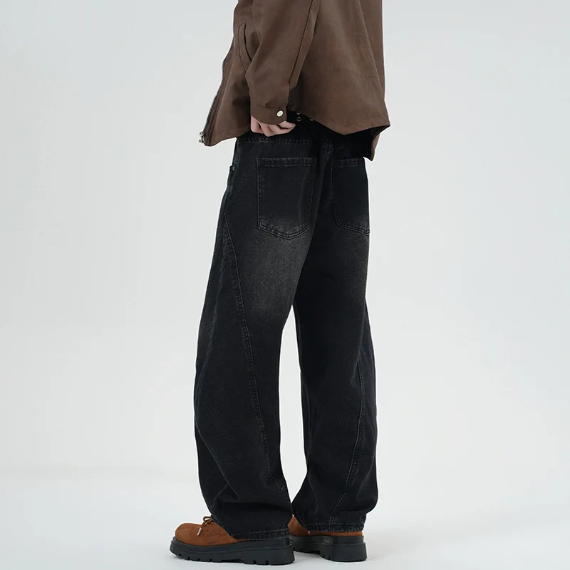 Herren Weite Stonewashed-Paneel-Denimhose mit tiefem Schritt und markanten Ziernähten Nord Taschen