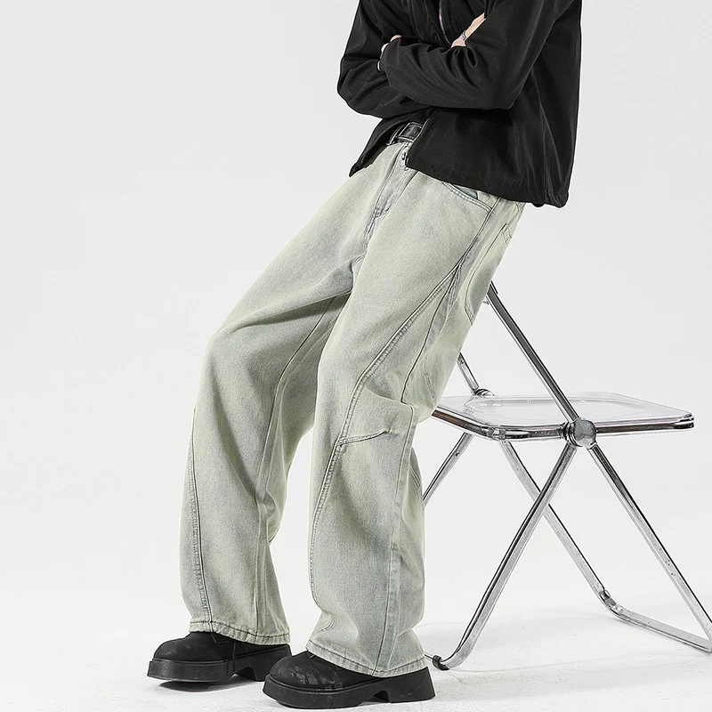 Herren Weite Stonewashed-Paneel-Denimhose mit tiefem Schritt und markanten Ziernähten Nord Taschen