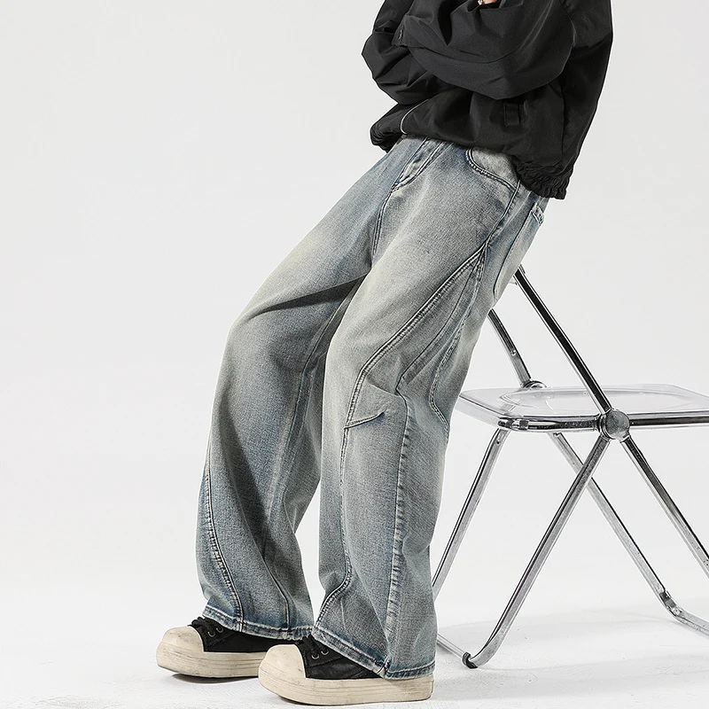 Herren Weite Stonewashed-Paneel-Denimhose mit tiefem Schritt und markanten Ziernähten Nord Taschen
