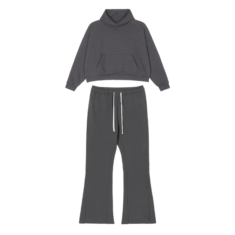 Damen Cropped-Kapuzenpullover und ausgestellte Sweathose Lounge-Set aus French-Terry Nord Taschen
