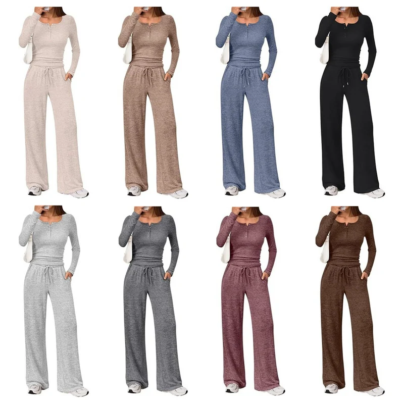 Damen Zweiteiliges Lounge-Set mit Henley-Top und weitem Jogginghose Schnitt Nord Taschen