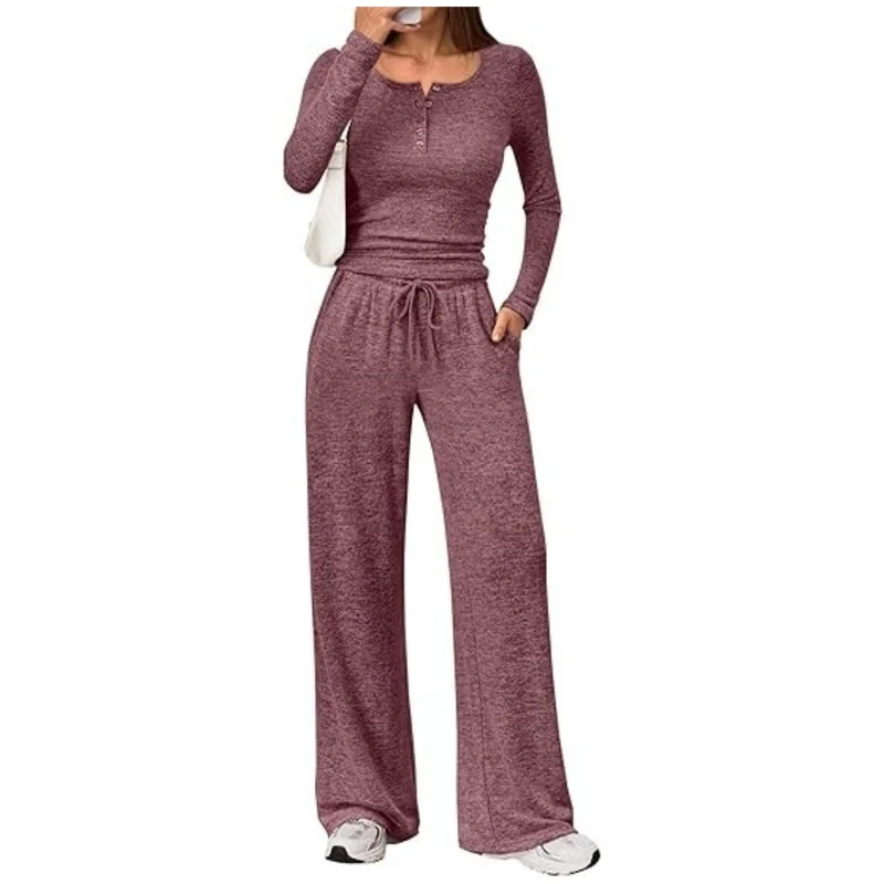 Damen Zweiteiliges Lounge-Set mit Henley-Top und weitem Jogginghose Schnitt Nord Taschen