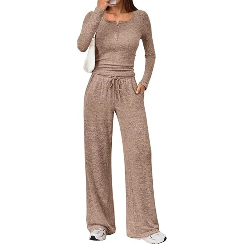 Damen Zweiteiliges Lounge-Set mit Henley-Top und weitem Jogginghose Schnitt Nord Taschen
