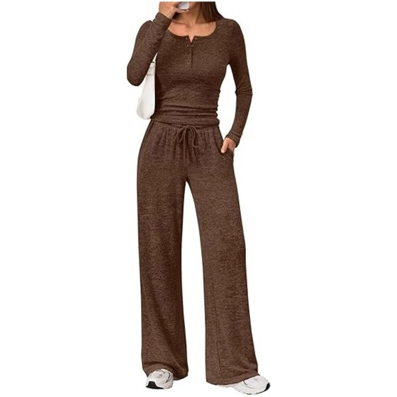 Damen Zweiteiliges Lounge-Set mit Henley-Top und weitem Jogginghose Schnitt Nord Taschen