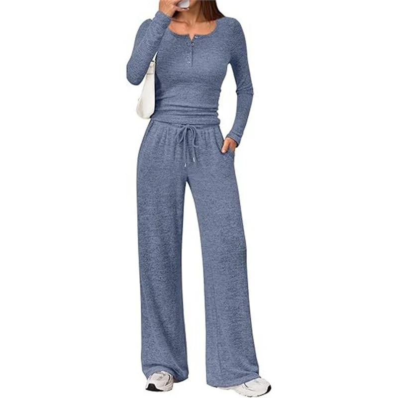 Damen Zweiteiliges Lounge-Set mit Henley-Top und weitem Jogginghose Schnitt Nord Taschen