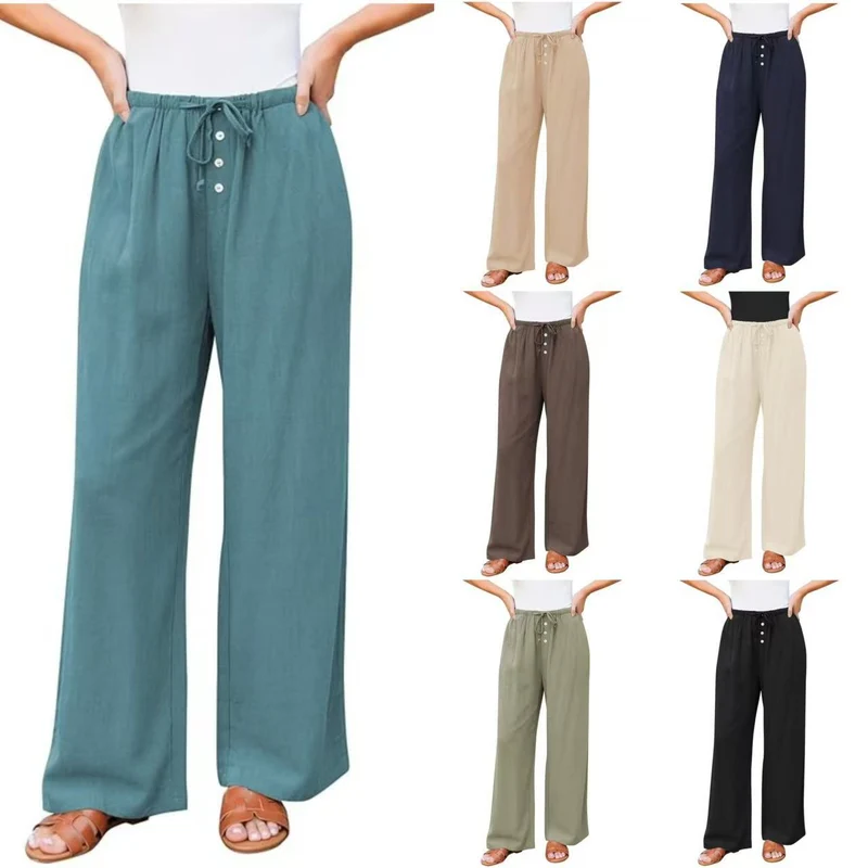 Damen weite Leinenhose mit elastischem Bund, Kordelzug und Knopfleiste Nord Taschen