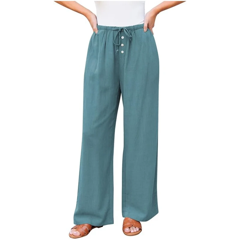 Damen weite Leinenhose mit elastischem Bund, Kordelzug und Knopfleiste Nord Taschen
