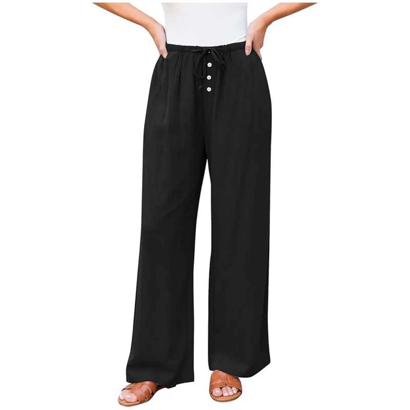 Damen weite Leinenhose mit elastischem Bund, Kordelzug und Knopfleiste Nord Taschen