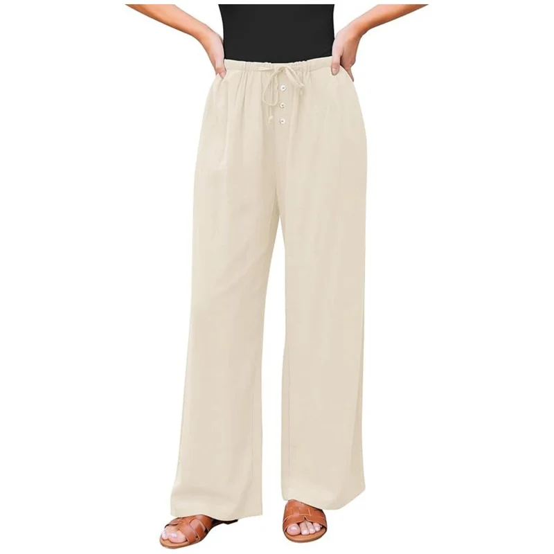 Damen weite Leinenhose mit elastischem Bund, Kordelzug und Knopfleiste Nord Taschen