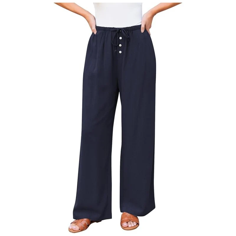 Damen weite Leinenhose mit elastischem Bund, Kordelzug und Knopfleiste Nord Taschen