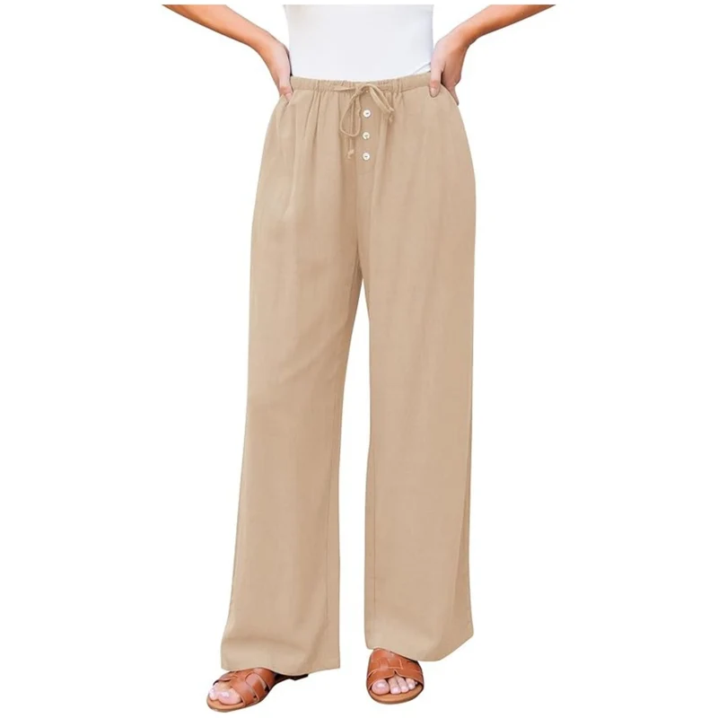 Damen weite Leinenhose mit elastischem Bund, Kordelzug und Knopfleiste Nord Taschen