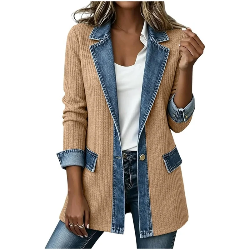 Damen Strickblazer mit Jeansbesatz und tailliertem Schnitt Nord Taschen