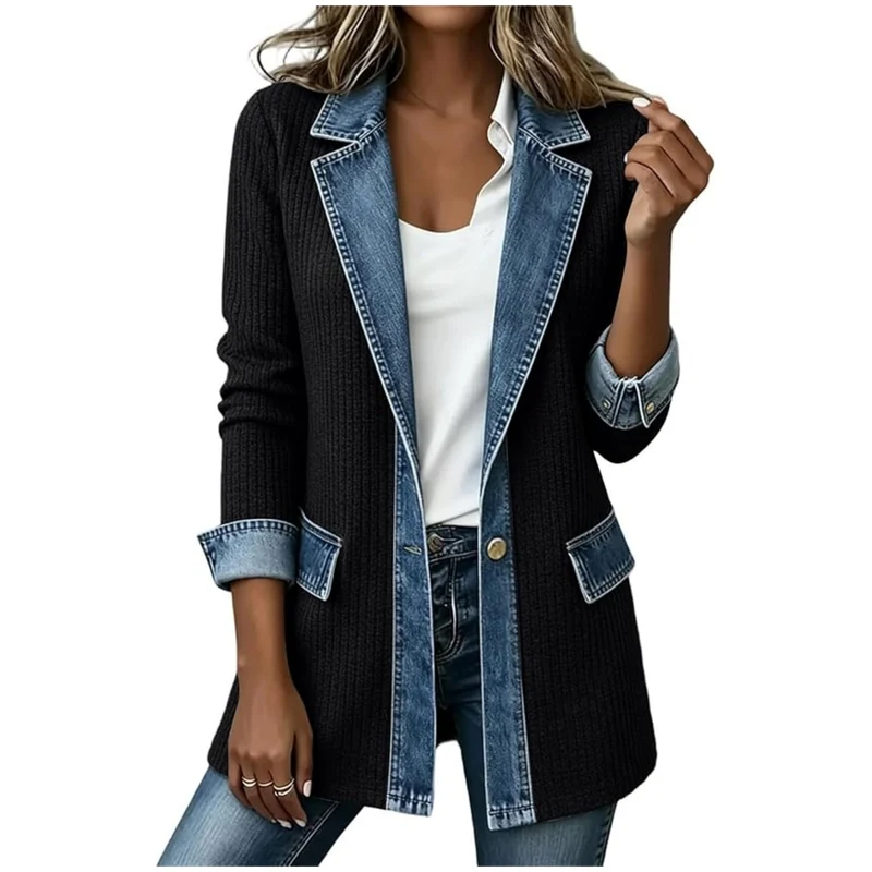 Damen Strickblazer mit Jeansbesatz und tailliertem Schnitt Nord Taschen