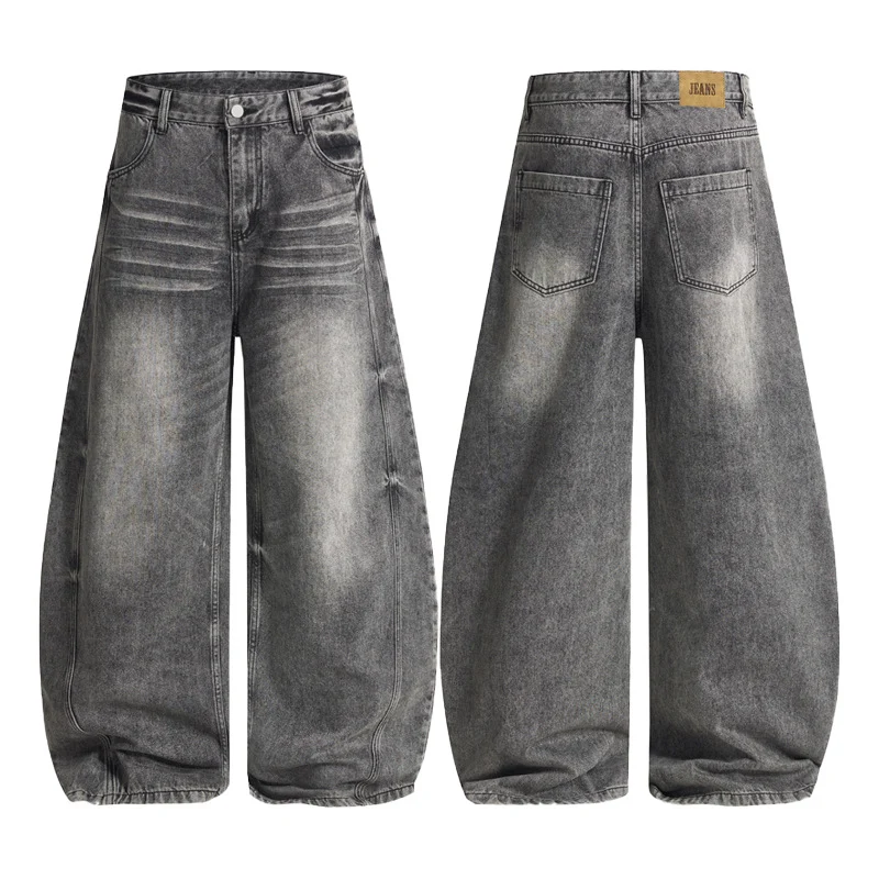 Herren Ultraweite vintagegewaschene Denim-Palazzohose mit tiefem Schritt und geradem Saum Nord Taschen