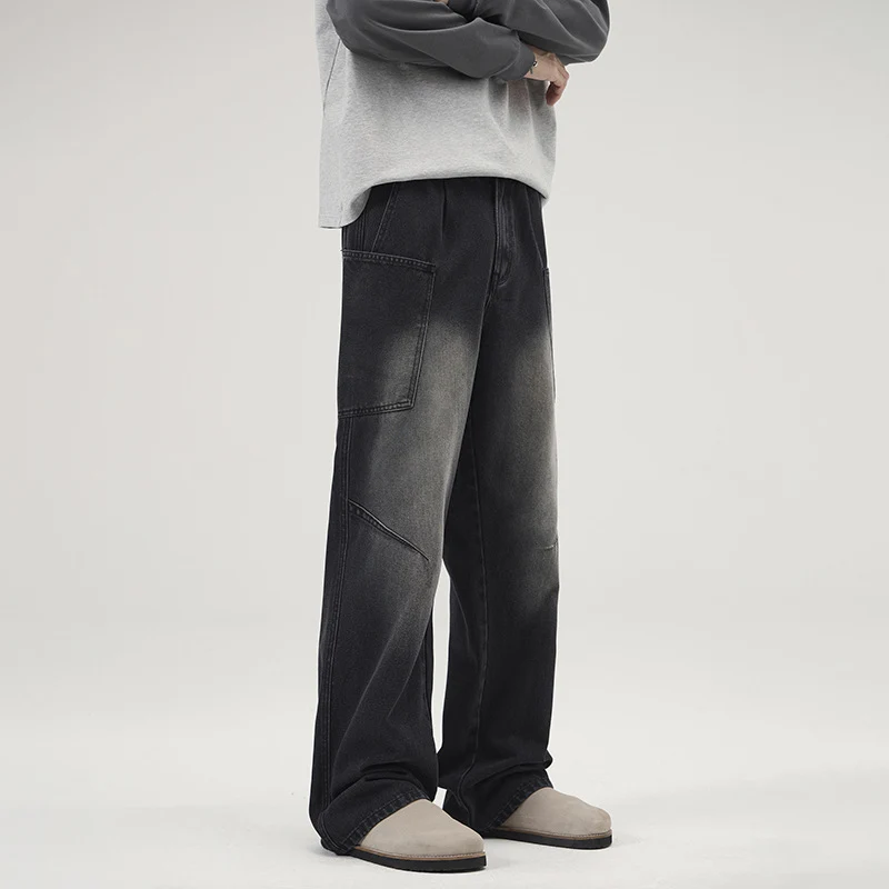 Herren Ultraweite Stonewashed-Denim-Palazzo-Cargohose mit großen Aufsatztaschen Nord Taschen