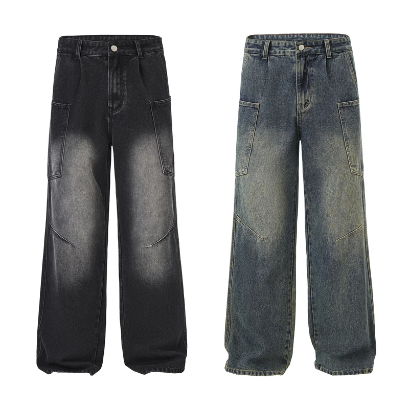 Herren Ultraweite Stonewashed-Denim-Palazzo-Cargohose mit großen Aufsatztaschen Nord Taschen
